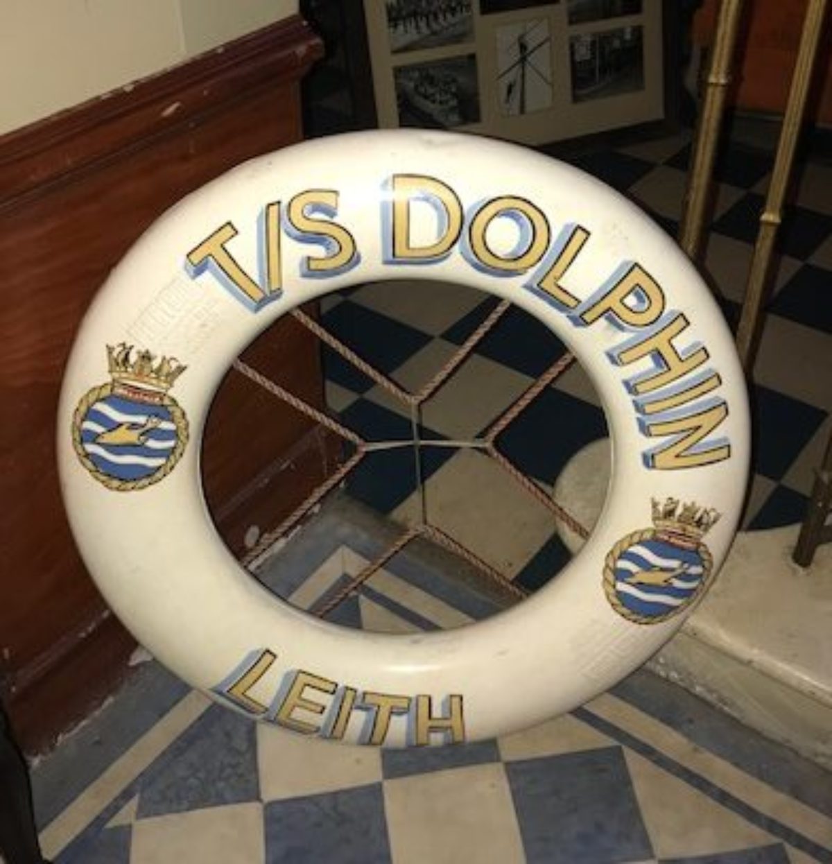 Lifebelt from "The Dolphin" - training ship for Leith Nautical College on display in Trinity House © 2018 Gordon Munro