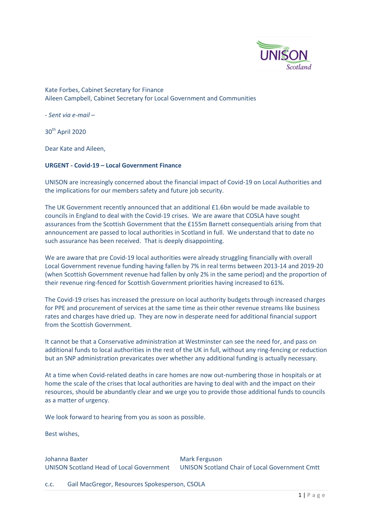 Letter from Unison to Kate Forbes, Cabinet Secretary for Finance and Aileen Campbell, Cabinet Secretary for Local Government and Communities dated 30 April 2020